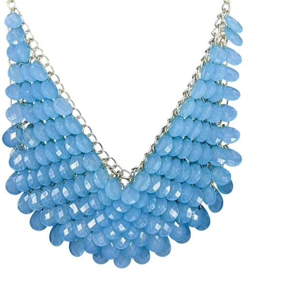 Aqua Blue Teardrop Beaded Statement Necklace With Gold Tone Chain  (5534) - Picture 4 of 7
